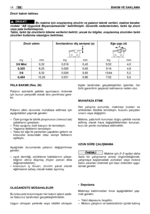 Page 148PALA BAKIMI (Res. 26)
Palanın asimetrik ﬂekilde aﬂınmasını önlemek
için bunun periyodik olarak ters çevrilmesi gere-
kir.
Palanın etkin durumda muhafaza edilmesi için
aﬂa¤ıdakileri yapmak gerekir:
–Özel ﬂırınga ile tahrik pinyonunun (mevcut ise)
yataklarını gresleyin.
–Pala oyu¤unu özel kazıyıcı ile temizleyin.
–Yaglama deliklerini temizleyin.
–Yassı bir e¤e ile yanlardan çapakları giderin ve
kılavuzlar arasındaki olası seviye farklarını
eﬂitleyin.
Aﬂa¤ıdaki durumlarda palanın de¤iﬂtirilmesi
gerekir:...