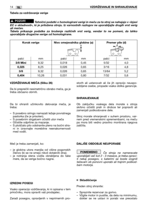 Page 180VZDRŽEVANJE MEČA (Slika 26)
Da bi preprečili nesimetrično obrabo meča, ga je
treba občasno obrniti.
Da bi ohranili učinkovito delovanje meča, je
treba:
–S posebno siringo namazati ležaje povratnega
pastorka (če je prisoten).
–S posebnim strgalcem očistiti utor meča
–Očistite odprtine za mazanje.
–S ploščato pilo odstranite pleno na bočni stra-
ni in izravnajte morebitne neenakomernosti
med vodili.
Meč je treba zamenjati, ko:
–je globina utora manjša od višine pogonskih
členov (ki se ne smejo nikoli...