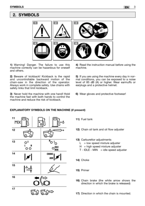 Page 25EN
1)Warning! Danger. The failure to use this
machine correctly can be hazardous for oneself
and others.
2)Beware of kickback! Kickback is the rapid
and uncontrollable backward motion of the
chain-saw in the direction of the operator.
Always work in complete safety. Use chains with
safety links that limit kickback.  
3)Never hold the machine with one hand! Hold
the machine fast with both hands to control the
machine and reduce the risk of kickback.
11)Fuel tank
12)Chain oil tank and oil flow adjuster...