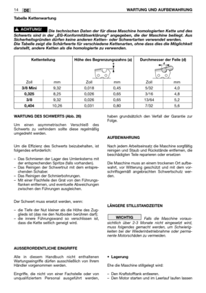 Page 68WARTUNG DES SCHWERTS (Abb. 26)
Um einen asymmetrischen Verschleiß des
Schwerts zu verhindern sollte diese regelmäßig
umgedreht werden.
Um die Effizienz des Schwerts beizubehalten, ist
folgendes erforderlich:
–Das Schmieren der Lager des Umlenksterns mit
der entsprechenden Spritze (falls vorhanden).
–Das Reinigen der Schwertnut mit dem entspre-
chenden Schaber.
–Das Reinigen der Schmierbohrungen.
–Mit einer Flachfeile den Grat von den Führungs-
flanken entfernen, und eventuelle Abweichungen
zwischen den...