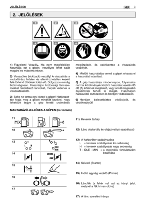 Page 121HU
1)Figyelem! Veszély. Ha nem megfelelően
használja ezt a gépet, veszélyes lehet saját
magára és másokra nézve. 
2)Visszaütés (kickback) veszély! A visszaütés a
motorfűrész hirtelen és ellenőrizhetetlen kezelő
felé történő ütődését idézi elő. Dolgozzon mindig
biztonságosan. Használjon biztonsági láncsze-
mekkel rendelkező láncokat, melyek védenek a
visszaütésektől.
3)Soha ne tartsa egy kézzel a gépet! Határozot-
tan fogja meg a gépet mindkét kezével, hogy
lehetővé tegye a gép feletti uralmának...