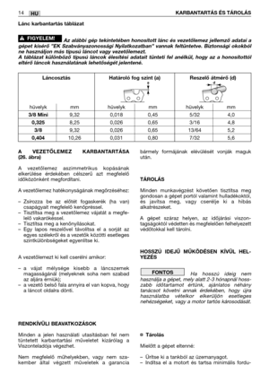 Page 132A VEZETŐLEMEZ KARBANTARTÁSA
(26. ábra)
A vezetőlemez aszimmetrikus kopásának
elkerülése érdekében célszerű azt megfelelő
időközönként megfordítani.
A vezetőlemez hatékonyságának megőrzéséhez:
–Zsírozza be az előtét fogaskerék (ha van)
csapágyait megfelelő kenőpréssel.
–Tisztítsa meg a vezetőlemez vájatát a megfe-
lelő vakarókéssel. 
–Tisztítsa meg a kenőnyílásokat.
–Egy lapos reszelővel távolítsa el a sorját az
egyes szélekről és a vezetők közötti esetleges
szintkülönbségeket egyenlítse ki.
A...