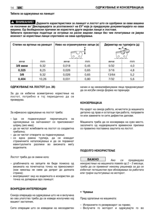 Page 148ОДРЖУВАЊЕ НА ЛОСТОТ (сл. 26)
За да се избегне асиметрично користење на
лостот, потребно е тој периодично да се
проверува.
За ефикасно одржување на лостот треба:
–Iда се подмачкуваат перничињата за
одложување на запчаникот со приложениот
шприц (ако има);
–да се чистат жлебовите на лостот со соодветна
гребалка;
–да се чистат отворите за подмачкување;
–со една рамна турпија, да се извадат
страничните наталожувања и да се порамнат
евентуалните разлики во висината меѓу
водилките.
Лостот треба да се смени...