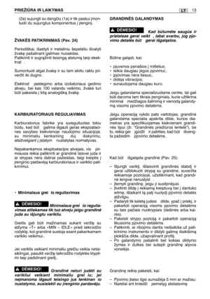 Page 163(2a) sujungti su dangãiu (1a) ir tik paskui ∞mon-
tuoti du sujungtus komponentus ∞ ∞rengin∞.
ŽVAKñS PATIKRINIMAS (Pav. 24)
Periodiškai, išardyti ir metaliniu šepetòliu išvalyti
žvak∏ pašalinant galimas nuosòdas.
Patikrinti ir sugràžinti teisingà atstumà tarp ekek-
trod .
Sumontuoti atgal žvak∏ ir su tam skirtu raktu pri-
veržti iki dugno.
Elektrod  perdegimo arba izoliatoriaus gedimo
atveju, bei kas 100 valandu veikimo, žvakò turi
bti pakeista ∞ kità analogiškà žvak∏.
KARBIURATORIAUS REGULIAVIMAS...