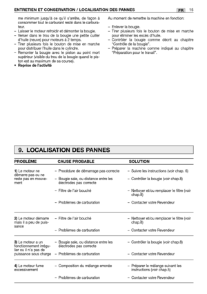 Page 213me minimum jusqu’à ce qu’il s’arrête, de façon à
consommer tout le carburant resté dans le carbura-
teur.
–Laisser le moteur refroidir et démonter la bougie.
–Verser dans le trou de la bougie une petite cuiller
d’huile (neuve) pour moteurs à 2 temps.
–Tirer plusieurs fois le bouton de mise en marche
pour distribuer l’huile dans le cylindre.
–Remonter la bougie avec le piston au point mort
supérieur (visible du trou de la bougie quand le pis-
ton est au maximum de sa course).
•Reprise de l’activité
Au...