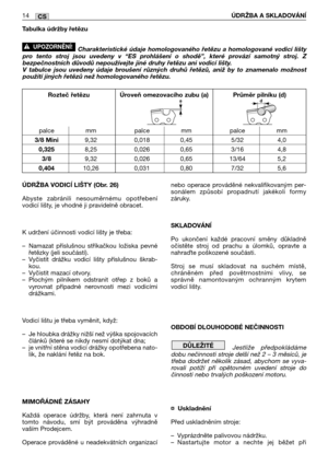 Page 84ÚDRŽBA VODICĺ LIŠTY (Obr. 26)
Abyste zabránili nesouměrnému opotřebení
vodicí lišty, je vhodné ji pravidelně obracet.
K udržení účinnosti vodicí lišty je třeba:
–Namazat příslušnou stříkačkou ložiska pevné
řetězky (jeli součástí).
–Vyčistit drážku vodicí lišty příslušnou škrab-
kou.
–Vyčistit mazací otvory.
–Plochým pilníkem odstranit otřep z boků a
vyrovnat případné nerovnosti mezi vodicími
drážkami.
Vodicí lištu je třeba vyměnit, když:
–Je hloubka drážky nižší než výška spojovacích
článků (které se...