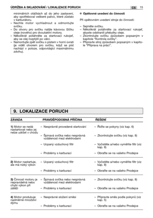 Page 85minimálních otáčkách až do jeho zastavení,
aby spotřeboval veškeré palivo, které zůstalo
v karburátoru.
–Nechte motor vychladnout a odmontujte
svíčku.
–Do otvoru pro svíčku nalijte kávovou lžičku
oleje (nového) pro dvoutaktní motory.
–Několikrát potáhněte za startovací rukoje,
aby se olej rozptýlil po válci.
–Namontujte zpět svíčku s pístem v horní úvrati
(je vidět otvorem pro svíčku, když se píst
nachází v poloze, odpovídající maximálnímu
zdvihu).¤Opětovné uvedení do činnosti
Při opětovném uvedení...