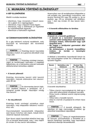 Page 110MUNKÁRA TÖRTÉNŐ ELŐKÉSZÜLET7HU
A GÉP ELLENŐRZÉSE
Mielőtt munkába kezdene:
–ellenőrizze, hogy nincsenek-e kilazult csava-
rok a gépen és a vágóegységen;
–ellenőrizze, hogy a légszűrő tiszta legyen;
–ellenőrizze, hogy a védőrészek jól rögzítettek
és működőképesek legyenek;
–ellenőrizze a markolatok rögzítését.
AZ ÜZEMANYAGKEVERÉK ELŐKÉSZÍTÉSE
Ez a gép kétütemű motorral rendelkezik, mely
benzinből és kenőolajból álló keverékkel
működik.
Kizárólag benzin használata
károsítja a motort, és a garancia...