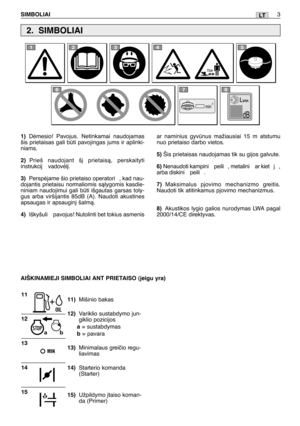 Page 134LT
1)Dòmesio! Pavojus. Netinkamai naudojamas
šis prietaisas gali bti pavojingas jums ir aplinki-
niams.
2)Prieš naudojant š∞ prietaisà, perskaityti
instrukcij  vadovòl∞.
3)Perspòjame šio prietaiso operatori , kad nau-
dojantis prietaisu normaliomis sàlygomis kasdie-
niniam naudojimui gali bti išgautas garsas toly-
gus arba viršijantis 85dB (A). Naudoti akustines
apsaugas ir apsaugin∞ šalmà.
4)Iškyšuli  pavojus! Nutolinti bet tokius asmenis
11)Mišinio bakas
12)Variklio sustabdymo jun-
giklio pozicijos...