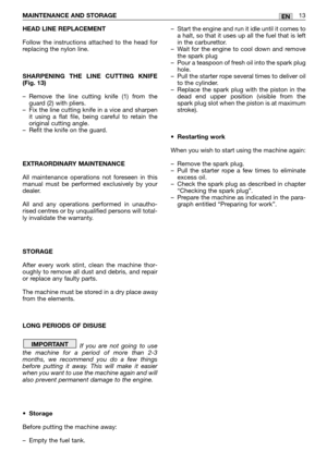 Page 172MAINTENANCE AND STORAGE 13EN
HEAD LINE REPLACEMENT
Follow the instructions attached to the head for
replacing the nylon line.
SHARPENING THE LINE CUTTING KNIFE
(Fig. 13)
–Remove the line cutting knife (1) from the
guard (2) with pliers.
–Fix the line cutting knife in a vice and sharpen
it using a flat file, being careful to retain the
original cutting angle.
–Refit the knife on the guard.
EXTRAORDINARY MAINTENANCE
All maintenance operations not foreseen in this
manual must be performed exclusively by...