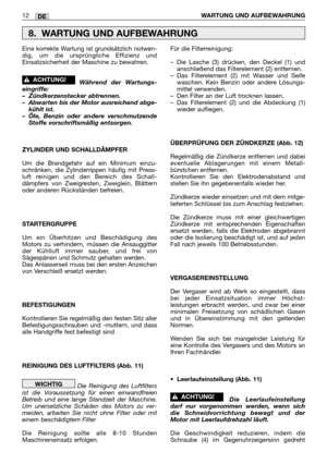 Page 199DE12WARTUNG UND AUFBEWAHRUNG
Eine korrekte Wartung ist grundsätzlich notwen-
dig, um die ursprüngliche Effizienz und
Einsatzsicherheit der Maschine zu bewahren.
Während der Wartungs-
eingriffe:
–Zündkerzenstecker abtrennen.
–Abwarten bis der Motor ausreichend abge-
kühlt ist.
–Öle, Benzin oder andere verschmutzende
Stoffe vorschriftsmäßig entsorgen.
ZYLINDER UND SCHALLDÄMPFER
Um die Brandgefahr auf ein Minimum einzu-
schränken, die Zylinderrippen häufig mit Press-
luft reinigen und den Bereich des...