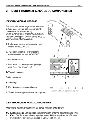 Page 82. IDENTIFIKATION AF MASKINE OG KOMPONENTER
IDENTIFIKATION AF MASKINE
Etiketten, der er anbragt under førersæ-
det, angiver vigtige oplysninger samt
maskinens serienummer (6).
Dette nummer er af afgørende betydning
ved anmodning om teknisk assistance og
ved bestilling af reservedele.
1.Lydniveau i overensstemmelse med
direktivet 2000/14/CE
2.Typegodkendelse i overensstem-
melse med direktivet 98/37/EØF
3.Konstruktionsår
4.Motorens omdrejningshastighed pr.
min. (hvis den er angivet)
5.Type af maskine...