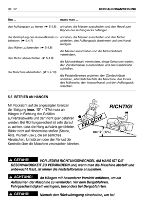 Page 335.5 BETRIEB AN HÄNGEN
Mit Rücksicht auf die angezeigten Grenzen
der Steigung (max. 10° - 17%) muss an
Hängen in Richtung des Gefälles
aufwärts/abwärts und darf nicht quer gefahren
werden. Bei Richtungswechsel ist sehr darauf
zu achten, dass die Hang aufwärts gerichteten
Räder nicht auf Hindernisse stoßen (Steine,
Äste, Wurzeln usw.), die ein seitliches
Abrutschen, Umstürzen oder den Verlust der
Kontrolle über die Maschine verursachen könnten.
VOR JEDEM RICHTUNGSWECHSEL AM HANG IST DIE
GESCHWINDIGKEIT ZU...