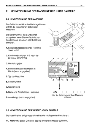 Page 82. KENNZEICHNUNG DER MASCHINE UND IHRER BAUTEILE
2.1 KENNZEICHNUNG DER MASCHINE
Das Schild in der Nähe des Batteriegehäuses
enthält die wesentlichen Daten jeder
Maschine.
Die Seriennummer (6) ist unbedingt
anzugeben, wenn Sie den Technischen
Kundendienst anfordern oder Ersatzteile
bestellen.
1.Schalleistungspegel gemäß Richtlinie
2000/14/CE
2.Konformitätszeichen (CE) nach der
Richtlinie 98/37/EWG 
3.Herstellungsjahr
4.Betriebsdrehzahl des Motors in
U/min (wenn angegeben)
5.Typ der Maschine...