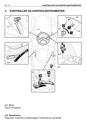 Page 154. KONTROLLER OG KONTROLINSTRUMENTER
4.1 STYR
Styrer forhjulene.
4.2 G
ASHÅNDTAG
Regulerer motorens omdrejningstal. Positionerne, på skiltet, 
DA 14KONTROLLER OG KONTROLINSTRUMENTER
4.2
4.8
4.6
4.3
4.5
B
A
4.4
4.9
4.1
B
A
4.7 