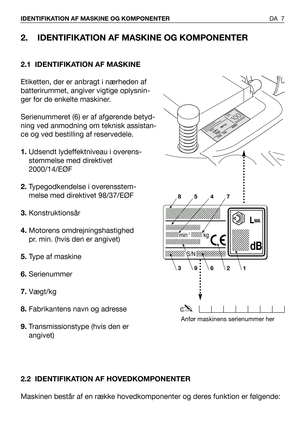 Page 82. IDENTIFIKATION AF MASKINE OG KOMPONENTER
2.1 IDENTIFIKATION AF MASKINE
Etiketten, der er anbragt i nærheden af
batterirummet, angiver vigtige oplysnin-
ger for de enkelte maskiner.
Serienummeret (6) er af afgørende betyd-
ning ved anmodning om teknisk assistan-
ce og ved bestilling af reservedele.
1.Udsendt lydeffektniveau i overens-
stemmelse med direktivet
2000/14/EØF
2.Typegodkendelse i overensstem-
melse med direktivet 98/37/EØF 
3.Konstruktionsår
4.Motorens omdrejningshastighed
pr. min. (hvis den...