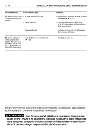 Page 49IT 48GUIDA ALLA IDENTIFICAZIONE DEGLI INCONVENIENTI
INCONVENIENTE CAUSA PROBABILE RIMEDIO
12.Vibrazione anoma-
la durante il funziona-
mento
13.Con il motore in
moto, azionando il
pedale di trazione, la
macchina non si spo-
sta (  modelli a tra-
smissione idrostatica)
➤
– le lame sono squilibrate
– lame allentate
– fissaggi allentati
– leva di sblocco in posizione «B»
(☛4.33)– equilibrare o sostituire le lame se sono
danneggiate (☛6.3.1)
– controllare il fissaggio delle lame
(☛6.3.1) (attenzione al...