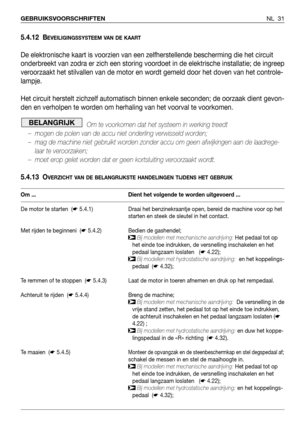 Page 32NL 31 GEBRUIKSVOORSCHRIFTEN
5.4.12 BEVEILIGINGSSYSTEEM VAN DE KAART
De elektronische kaart is voorzien van een zelfherstellende bescherming die het circuit
onderbreekt van zodra er zich een storing voordoet in de elektrische installatie; de ingreep
veroorzaakt het stilvallen van de motor en wordt gemeld door het doven van het controle-
lampje.
Het circuit herstelt zichzelf automatisch binnen enkele seconden; de oorzaak dient gevon-
den en verholpen te worden om herhaling van het voorval te voorkomen.
Om...