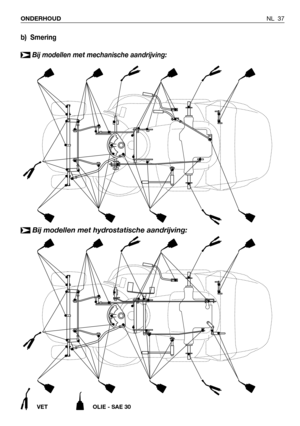 Page 38NL 37 ONDERHOUD
b) Smering
Bij modellen met mechanische aandrijving:
➤
VET OLIE - SAE 30
Bij modellen met hydrostatische aandrijving:➤ 