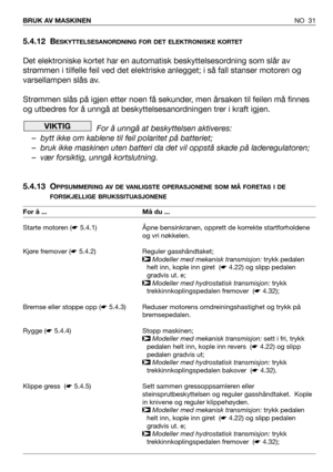 Page 32NO 31 BRUK AV MASKINEN
5.4.12 BESKYTTELSESANORDNING FOR DET ELEKTRONISKE KORTET
Det elektroniske kortet har en automatisk beskyttelsesordning som slår av
strømmen i tilfelle feil ved det elektriske anlegget; i så fall stanser motoren og
varsellampen slås av. 
Strømmen slås på igjen etter noen få sekunder, men årsaken til feilen må finnes
og utbedres for å unngå at beskyttelsesanordningen trer i kraft igjen.
For å unngå at beskyttelsen aktiveres:
– bytt ikke om kablene til feil polaritet på batteriet;
–...