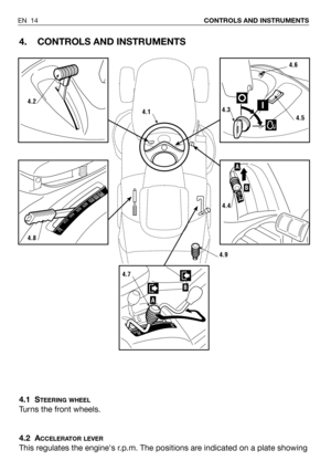 Page 154. CONTROLS AND INSTRUMENTS
4.1 STEERING WHEEL
Turns the front wheels.
4.2 A
CCELERATOR LEVER
This regulates the engines r.p.m. The positions are indicated on a plate showing
EN 14CONTROLS AND INSTRUMENTS
4.2
4.8
4.6
4.3
4.5
B
A
4.4
4.9
4.1
B
A
4.7 