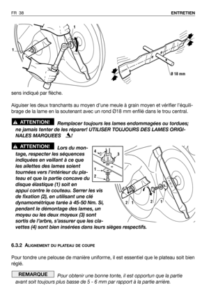 Page 39FR 38ENTRETIEN
sens indiqué par flèche.
Aiguiser les deux tranchants au moyen d’une meule à grain moyen et vérifier l’équili-
brage de la lame en la soutenant avec un rond Ø18 mm enfilé dans le trou central.
Remplacer toujours les lames endommagées ou tordues;
ne jamais tenter de les réparer! UTILISER TOUJOURS DES LAMES ORIGI-
NALES MARQUEES    !
Lors du mon-
tage, respecter les séquences
indiquées en veillant à ce que
les ailettes des lames soient
tournées vers lintérieur du pla-
teau et que la partie...