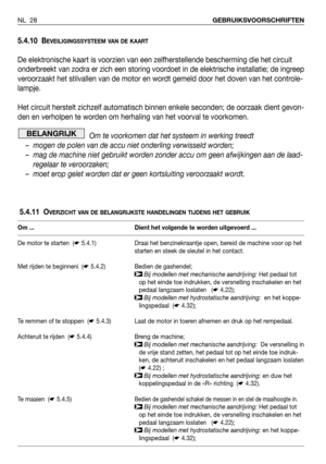 Page 295.4.10 BEVEILIGINGSSYSTEEM VAN DE KAART
De elektronische kaart is voorzien van een zelfherstellende bescherming die het circuit
onderbreekt van zodra er zich een storing voordoet in de elektrische installatie; de ingreep
veroorzaakt het stilvallen van de motor en wordt gemeld door het doven van het controle-
lampje.
Het circuit herstelt zichzelf automatisch binnen enkele seconden; de oorzaak dient gevon-
den en verholpen te worden om herhaling van het voorval te voorkomen.
Om te voorkomen dat het systeem...