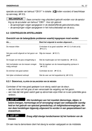 Page 38NL 37 ONDERHOUD
speciale acculader van behoud “CB 01” in dotatie  ( indien voorzien) of beschikbaar
op aanvraag  (☛8.5).
Deze connector mag uitsluitend gebruikt worden voor de aanslui-
ting op de acculader van behoud CB01. Voor zijn gebruik:
– de aanwijzingen volgen aangegeven in de desbetreffende gebruiksinstructies;
– de aanwijzingen volgen aangegeven in het instructieboekje van de accu.
6.3 CONTROLES EN AFSTELLINGEN
Overzicht van de belangrijkste problemen waarbij ingegrepen moet worden
6.3.1 D...