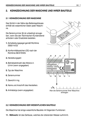 Page 82. KENNZEICHNUNG DER MASCHINE UND IHRER BAUTEILE
2.1 KENNZEICHNUNG DER MASCHINE
Das Schild in der Nähe des Batteriegehäuses
enthält die wesentlichen Daten jeder Maschi-
ne.
Die Seriennummer (6) ist unbedingt anzuge-
ben, wenn Sie den Technischen Kundendienst
anfordern oder Ersatzteile bestellen.
1.Schalleistungspegel gemäß Richtlinie
2000/14/CE
2.Konformitätszeichen (CE) nach der
Richtlinie 98/37/EWG 
3.Herstellungsjahr
4.Betriebsdrehzahl des Motors in
U/min (wenn angegeben)
5.Typ der Maschine...