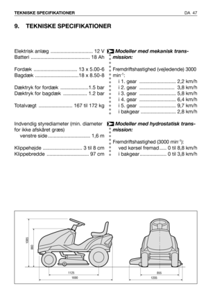 Page 48DA 47 TEKNISKE SPECIFIKATIONER
9. TEKNISKE SPECIFIKATIONER
1125
1690
860
1085
8551205
Modeller med mekanisk trans-
mission:
Fremdriftshastighed (vejledende) 3000
min-1:
i 1. gear  .......................... 2,2 km/h
i 2. gear  ......................... 3,8 km/h
i 3. gear  .......................... 5,8 km/h
i 4. gear  .......................... 6,4 km/h
i 5. gear  .......................... 9,7 km/h
i bakgear ......................... 2,8 km/h
Modeller med hydrostatisk trans-
mission:
Fremdriftshastighed...