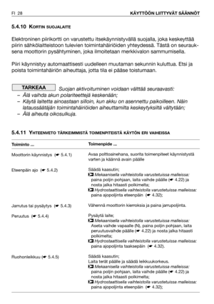 Page 295.4.10 KORTIN SUOJALAITE
Elektroninen piirikortti on varustettu itsekäynnistyvällä suojalla, joka keskeyttää
piirin sähkölaitteistoon tulevien toimintahäiriöiden yhteydessä. Tästä on seurauk-
sena moottorin pysähtyminen, joka ilmoitetaan merkkivalon sammumisella.
Piiri käynnistyy automaattisesti uudelleen muutaman sekunnin kuluttua. Etsi ja
poista toimintahäiriön aiheuttaja, jotta tila ei pääse toistumaan.
Suojan aktivoituminen voidaan välttää seuraavasti:
– Älä vaihda akun polariteettejä keskenään;
–...