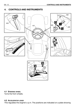 Page 134. CONTROLS AND INSTRUMENTS
4.1 STEERING WHEEL
Turns the front wheels.
4.2 A
CCELERATOR LEVER
This regulates the engines r.p.m. The positions are indicated on a plate showing
EN 12CONTROLS AND INSTRUMENTS
4.2
4.8
4.6
4.3
4.5
B
A
4.4
B
A
4.7
4.1 
