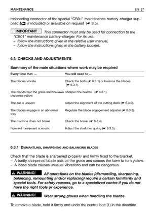 Page 38EN 37 MAINTENANCE
responding connector of the special “CB01” maintenance battery-charger sup-
plied ( if included)or available on request  (☛8.5).
This connector must only be used for connection to the
“CB01” maintenance battery-charger. For its use:
– follow the instructions given in the relative user manual,
– follow the instructions given in the battery booklet.
6.3 CHECKS AND ADJUSTMENTS
Summary of the main situations where work may be required
6.3.1 D
ISMANTLING, SHARPENING AND BALANCING BLADES...