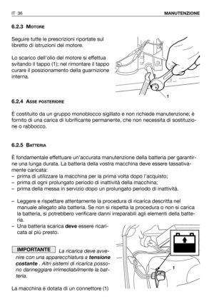 Page 37IT 36MANUTENZIONE
6.2.3 MOTORE
Seguire tutte le prescrizioni riportate sul
libretto di istruzioni del motore.
Lo scarico dell’olio del motore si effettua
svitando il tappo (1); nel rimontare il tappo
curare il posizionamento della guarnizione
interna.
6.2.4 A
SSE POSTERIORE
È costituito da un gruppo monoblocco sigillato e non richiede manutenzione; è
fornito di una carica di lubrificante permanente, che non necessita di sostituzio-
ne o rabbocco.
6.2.5 B
ATTERIA
È fondamentale effettuare un’accurata...