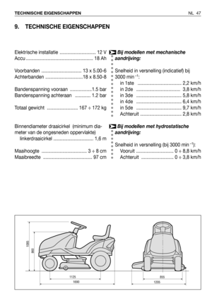 Page 48NL 47 TECHNISCHE EIGENSCHAPPEN
9. TECHNISCHE EIGENSCHAPPEN
1125
1690
860
1085
8551205
Bij modellen met mechanische 
aandrijving:
Snelheid in versnelling (indicatief) bij
3000 min
–1:
in 1ste   .................................. 2,2 km/h
in 2de   .................................. 3,8 km/h
in 3de   ................................... 5,8 km/h
in 4de   ................................... 6,4 km/h
in 5de   ................................... 9,7 km/h
Achteruit ................................ 2,8 km/h
Bij...