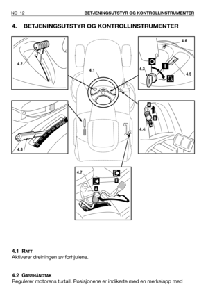 Page 134. BETJENINGSUTSTYR OG KONTROLLINSTRUMENTER
4.1 RAT T
Aktiverer dreiningen av forhjulene.
4.2 G
ASSHÅNDTAK
Regulerer motorens turtall. Posisjonene er indikerte med en merkelapp med
NO 12BETJENINGSUTSTYR OG KONTROLLINSTRUMENTER
4.2
4.8
4.6
4.3
4.5
B
A
4.4
B
A
4.7
4.1 