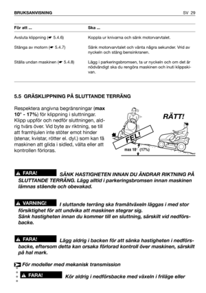 Page 30SV 29 BRUKSANVISNING
5.5 GRÄSKLIPPNING PÅ SLUTTANDE TERRÄNG
Respektera angivna begränsningar (max
10° - 17%) för klippning i sluttningar.
Klipp uppför och nedför sluttningen, ald-
rig tvärs över. Vid byte av riktning, se till
att framhjulen inte stöter emot hinder
(stenar, kvistar, rötter el. dyl.) som kan få
maskinen att glida i sidled, välta eller att
kontrollen förloras.
SÄNK HASTIGHETEN INNAN DU ÄNDRAR RIKTNING PÅ
SLUTTANDE TERRÄNG. Lägg alltid i parkeringsbromsen innan maskinen
lämnas stående och...