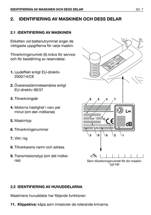 Page 82. IDENTIFIERING AV MASKINEN OCH DESS DELAR
2.1 IDENTIFIERING AV MASKINEN
Etiketten vid batteriutrymmet anger de
viktigaste uppgifterna för varje maskin.
Tillverkningsnumret (6) krävs för service
och för beställning av reservdelar.
1.Ljudeffekt enligt EU-direktiv
2000/14/CE
2.Överensstämmelsemärke enligt
EU-direktiv 98/37
3.Tillverkningsår
4.Motorns hastighet i varv per
minut (om den indikeras)
5.Maskintyp
6.Tillverkningsnummer
7.Vikt i kg
8.Tillverkarens namn och adress
9.Transmissionstyp (om det...