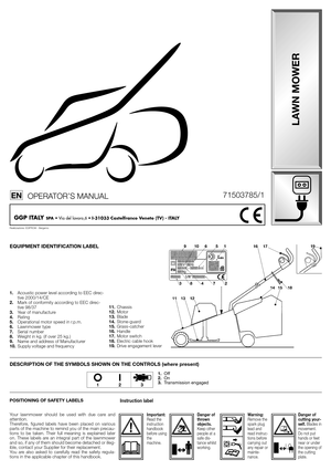 Page 2EQUIPMENT IDENTIFICATION LABEL
1.Acoustic power level according to EEC direc-
tive 2000/14/CE
2.Mark of conformity according to EEC direc-
tive 98/37
3.Year of manufacture
4.Rating
5.Operational motor speed in r.p.m.
6.Lawnmower type
7.Serial number
8.Weight in kg. (if over 25 kg.)
9.Name and address of Manufacturer
10.Supply voltage and frequency11.Chassis
12.Motor
13.Blade
14.Stone-guard
15.Grass-catcher
16.Handle
17.Motor switch
18.Electric cable hook
19.Drive engagement lever
POSITIONING OF SAFETY...