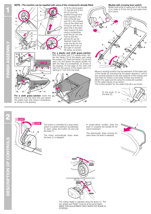 Page 31
2
3
FINISH ASSEMBLY
1 1
DESCRIPTION OF CONTROLS
2 2
For a plastic and cloth grass-catcher:
With the plastic part (11) upside-down, fas-
ten the frame (12) to the plastic part using
the screws (13). Insert the frame (12) into the
sack (14) and attach the plastic profile (15)
with the help of a screwdriver, as shown in
the drawing. Fit the edge of the cloth (16)
right into the groove of the plastic part (11),
starting 5-7 mm from the ends.
For a cloth grass-catcher:insert the
frame (21) into the sack...