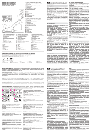 Page 31. Huomio: Lue käyttöohjekirja ennen ruohonleikkurin käyttöä.
2. Sinkoutuvien esineiden vaara.Asiattomat henkilöt eivät saa
oleskella työskentelyalueella koneen käytön aikana.
3. Leikkausvahinkojen vaara. Liikkuvat terät. Älä aseta jalkojasi tai
käsiäsi terätilaan.
4. Huomio:Virransyöttöjohtoa ei saa pitää terän läheisyydessä.
5. Huom.:Terä pyörii laitteen sammuttamisen jälkeen vielä hetken 
6. Ainoastaan lämpömoottorilla varustetut ruohonleikkurit
7. Huomio: Irrota sytytystulpan suojus ja lue ohjeet...