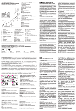 Page 31. Oprez: Prije uporabe stroja, pročitati knjižicu sa uputama za
uporabu.
2. Opasnost od izbacivanja predmeta:Tijekom uporabe stroja,
osobe moraju biti izvan radne površine.
3. Rizik od posjecanja. Oštrica u pokretu. Ne približavati se ruka-
ma i nogama dijelu u kojem se nalazi oštrica.
4. Oprez: Voditi računa o tome da vod za napajanje bude daleko
od oštrice.
5. Oprez: Oštrica će rotirati neko vrijeme i nakon isključivanja
stroja.
6. Samo za kosilicu sa termičkim motorom.
7. Oprez: Prije pristupanja...