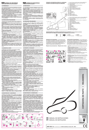 Page 2GGP ITALY SPA• Via del lavoro,6 • I-31033 Castelfranco Veneto (TV) - ITALY
Realizzazione: EDIPROM - Bergamo
MANUAL DE INSTRUCCIONES
MANUAL DE INSTRUÇÕES
PT
ES
71503798/1
CORTADORA DE PASTO •   RELVADEIRA
NORMAS DE SEGURANÇAA OBSERVAR ESCRUPULOSAMENTE
1) Ler atentamente as instruções. Familiarizar-se com os contro-
les e com a utilização correcta da relvadeira. Aprender a parar
rapidamente o motor.
2) Utilizar a relvadeira exclusivamente para a finalidade a qual se
destina, isto é, cortar e recolher a...