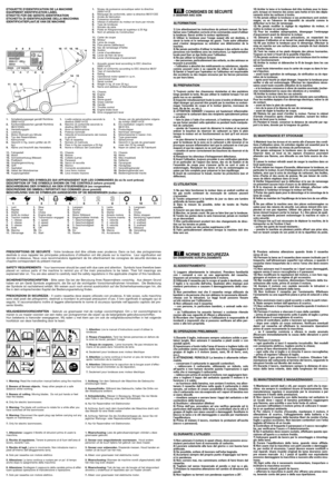 Page 31. Attenzione:Leggere il libretto di istruzioni prima di usare la
macchina.
2. Rischio di espulsione.Tenere le persone al di fuori dell’area di
lavoro, durante l’uso.
3. Rischio di tagli.Lame in movimento. Non introdurre mani o
piedi all’interno dell’alloggiamento lama.  
4.Solo per rasaerba con motore elettrico
5. Attenzione:La lama continua a ruotare per un po’ di tempo
anche dopo lo spegnimento della macchina
6. Attenzione:Scollegare il cappuccio della candela prima di effet-
tuare qualsiasi...