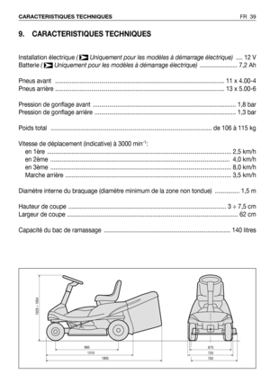 Page 40FR 39 CARACTERISTIQUES TECHNIQUES
9. CARACTERISTIQUES TECHNIQUES
Installation électrique (  Uniquement pour les modèles à démarrage électrique) .... 12 V
Batterie (  Uniquement pour les modèles à démarrage électrique)....................... 7,2 Ah
Pneus avant   ....................................................................................................... 11 x 4.00-4
Pneus arrière ....................................................................................................... 13 x 5.00-6...