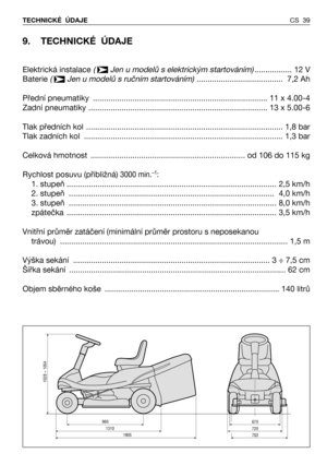 Page 40CS 39 TECHNICKÉ  ÚDAJE
9. TECHNICKÉ  ÚDAJE
Elektrická instalace (  Jen u modelů s elektrickým startováním)................. 12 V
Baterie (  Jen u modelů s ručním startováním)....................................... 7,2 Ah
Přední pneumatiky  ............................................................................... 11 x 4.00-4
Zadní pneumatiky ................................................................................. 13 x 5.00-6
Tlak předních kol...