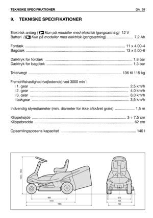 Page 40DA 39 TEKNISKE SPECIFIKATIONER
9. TEKNISKE SPECIFIKATIONER
Elektrisk anlæg (  Kun på modeller med elektrisk igangsætning) 12 V
Batteri  (  Kun på modeller med elektrisk igangsætning).......................... 7,2 Ah
Fordæk  ................................................................................................. 11 x 4.00-4
Bagdæk ................................................................................................ 13 x 5.00-6
Dæktryk for fordæk...