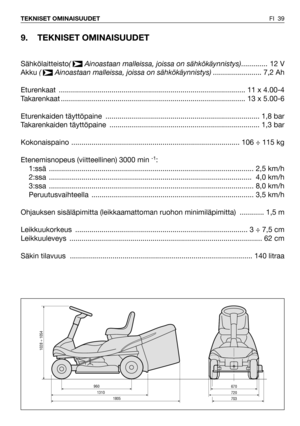 Page 40FI 39 TEKNISET OMINAISUUDET
9. TEKNISET OMINAISUUDET
Sähkölaitteisto(  Ainoastaan malleissa, joissa on sähkökäynnistys) .............12 V
Akku (  Ainoastaan malleissa, joissa on sähkökäynnistys)........................ 7,2 Ah
Eturenkaat  ............................................................................................ 11 x 4.00-4
Takarenkaat ........................................................................................... 13 x 5.00-6
Eturenkaiden täyttöpaine...