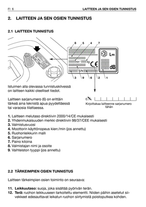 Page 72. LAITTEEN JA SEN OSIEN TUNNISTUS
2.1 LAITTEEN TUNNISTUS
Istuimen alla olevassa tunnistuskilvessä
on laitteen kaikki oleelliset tiedot.
Laitteen sarjanumero (6) on erittäin
tärkeä aina teknistä apua pyydettäessä
tai varaosia tilattaessa.
1.Laitteen melutaso direktiivin 2000/14/CE mukaisesti
2.Yhdenmukaisuuden merkki direktiivin 98/37/CEE mukaisesti
3.Valmistusvuosi
4.Moottorin käyttönopeus kierr./min (jos annettu)
5.Ruohonleikkurin malli
6.Sarjanumero
7.Paino kiloina
8.Valmistajan nimi ja osoite
9....