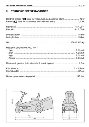 Page 40NO 39 TEKNISKE SPESIFIKASJONER
9. TEKNISKE SPESIFIKASJONER
Elektrisk anlegg (  Bare for modellene med elektrisk start).......................... 12 V
Batteri (  Bare for modellene med elektrisk start)..................................... 7,2 Ah
Framdekk  ............................................................................................. 11 x 4.00-4
Bakdekk  ............................................................................................... 13 x 5.00-6
Lufttrykk foran...